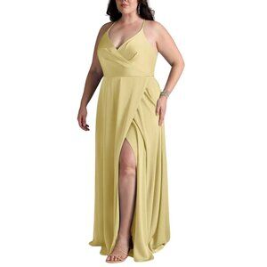 Azazie Davis A-Line Pleated Stretch Satin Dress in Lemon Sorbet